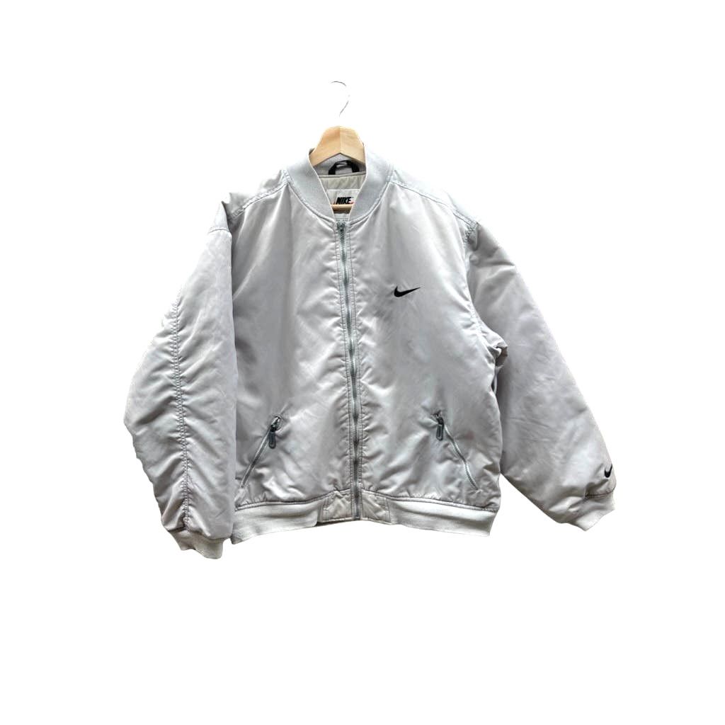 image of 1990's Nike Silver Satin Embroidered Swoosh Bomber Jacket, Men's (Size Large)