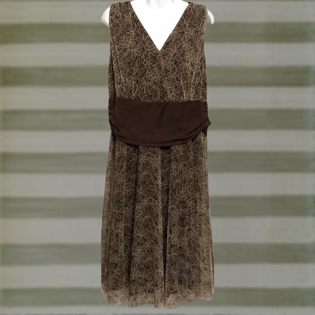 Vintage London Times Dress Womens 20 Brown Sleeveless Midi 20W Floral Lace Sash Tie Waist Fairy Size 3XL / US 20-22 - 1 Thumbnail