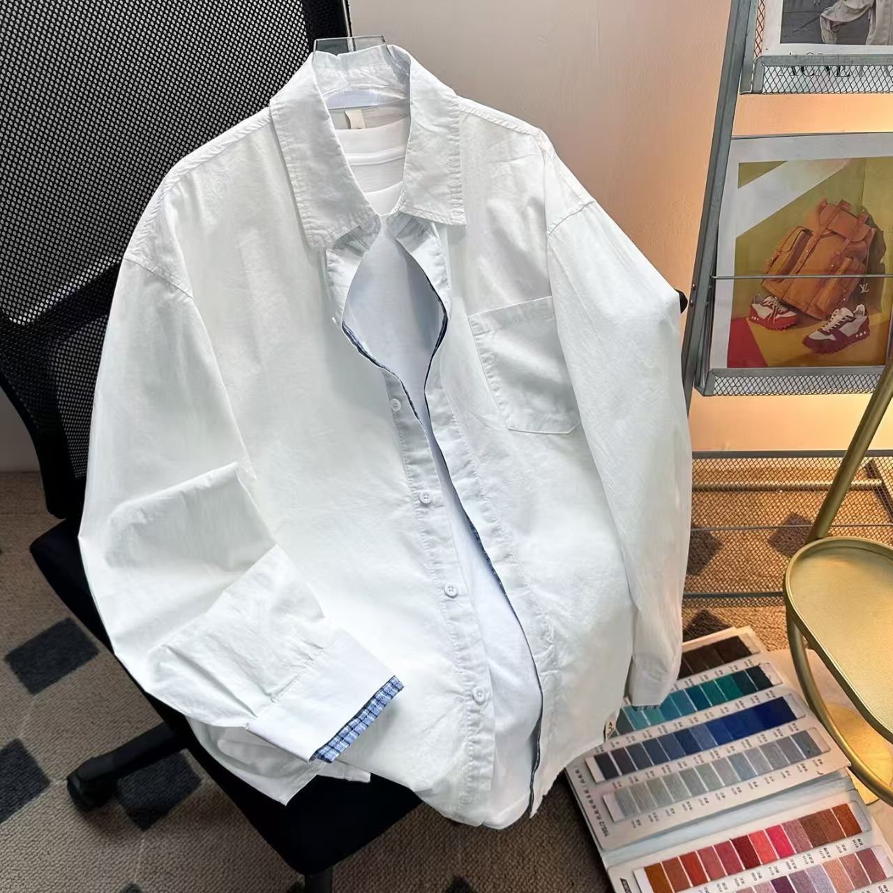 Vintage White Shirt with Plaid Contrast Trim Size US M / EU 48-50 / 2 - 2 Thumbnail