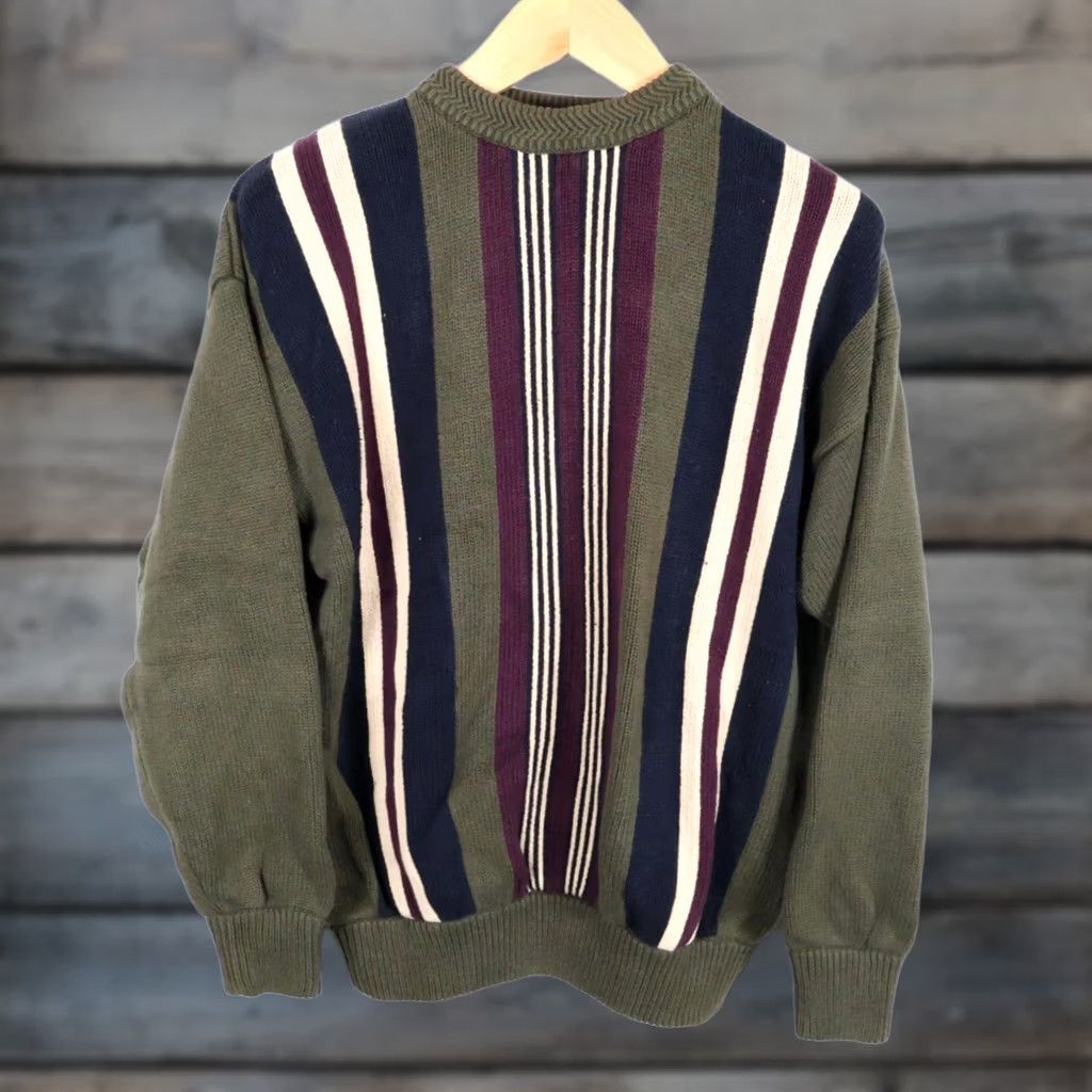 Olive VTG 90s Striped Pattern Sweater Men's Large Olive Green Chunky Cotton Knit Size US L / EU 52-54 / 3 - 1 Thumbnail