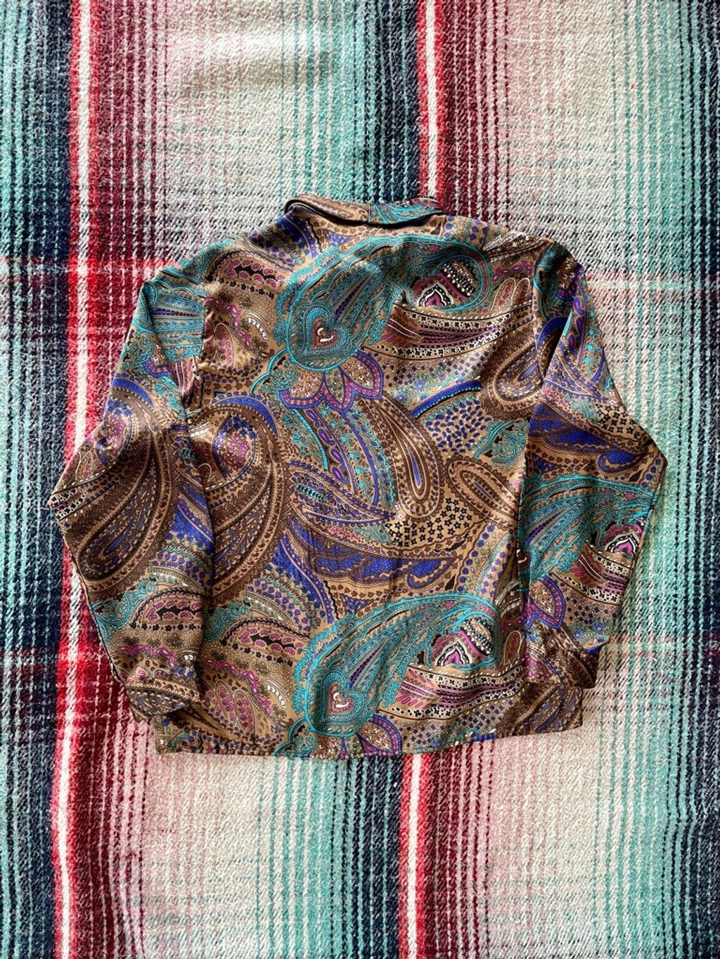 Vintage 70s Psychedelic Satin Bow Collar Blouse L Size XL / US 12-14 / IT 48-50 - 3 Thumbnail