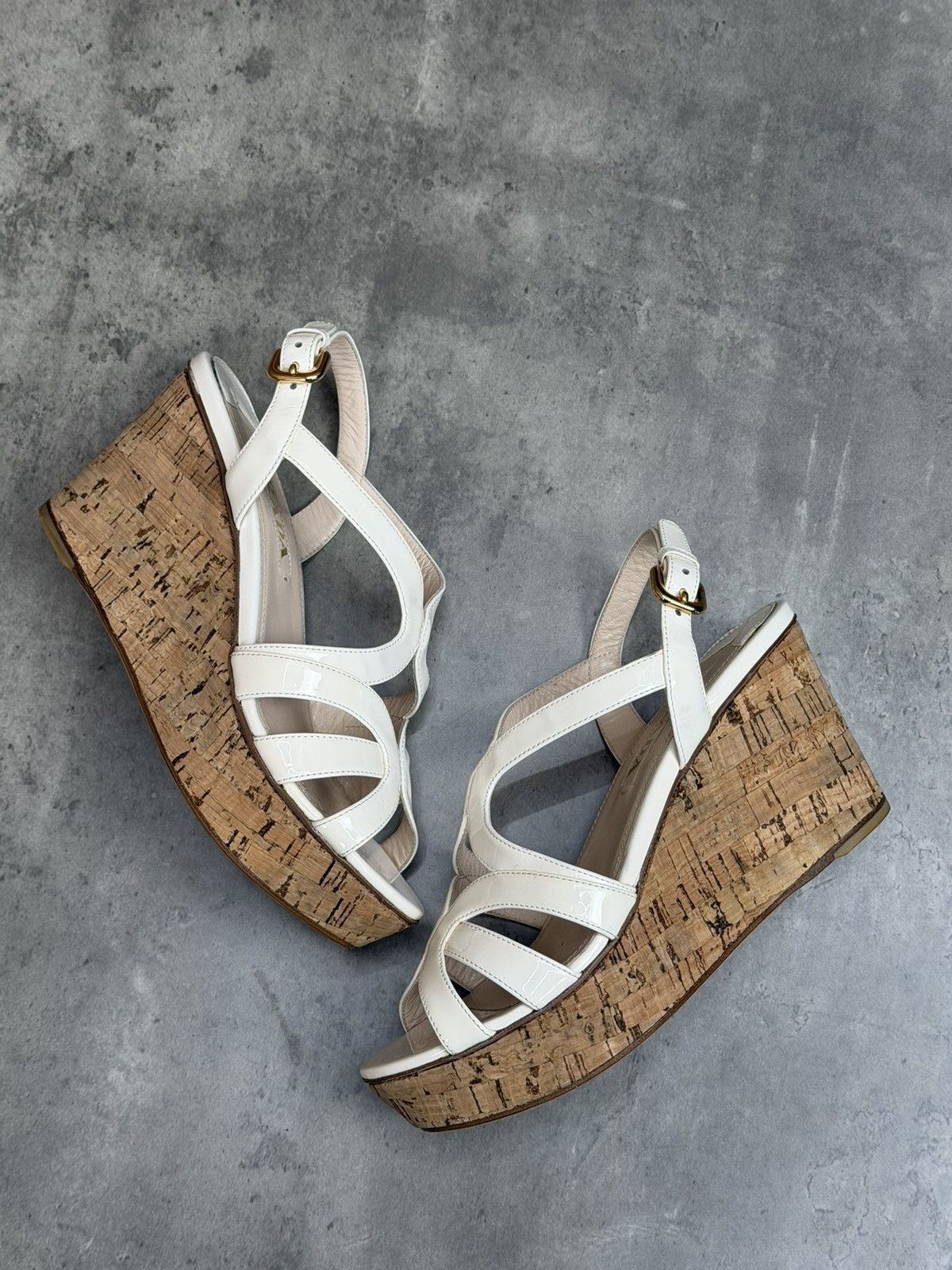 Prada Prada White Patent Cork Wedge Sandals EU 37 1/2 Size US 7.5 / IT 37.5 - 7 Thumbnail