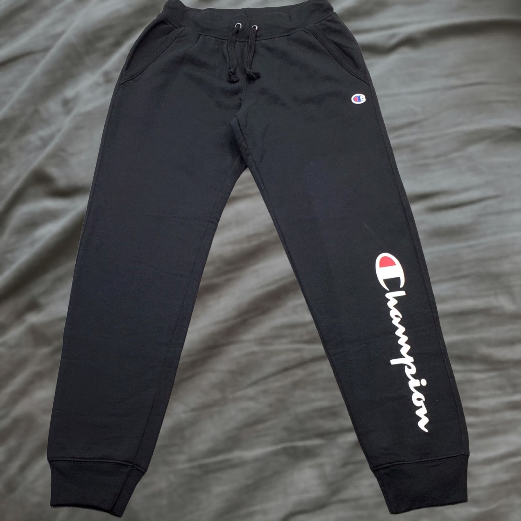Logo 7 Campions Sweatpants Women S Black Lined Athleticwear Pockets Tapered Leg Script Logo Size 28" / US 6 / IT 42 - 1 Thumbnail