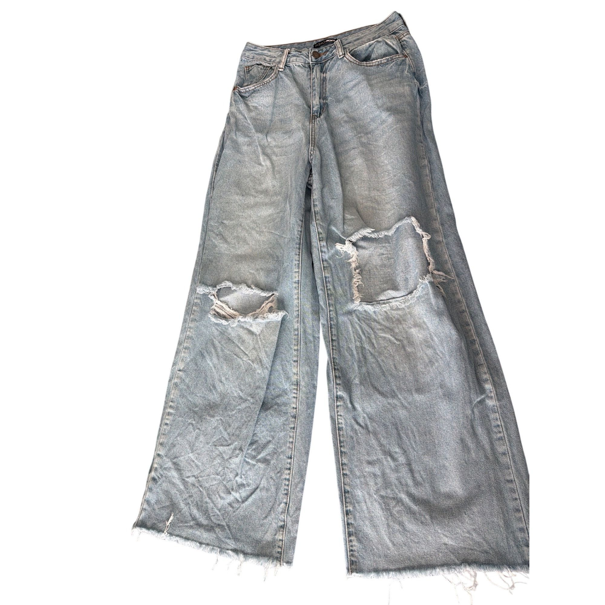 Fashion Nova Fashion Nova Distressed Light Wash Wide Leg Jeans Destroyed Size 27" / US 4 / IT 40 - 1 Thumbnail