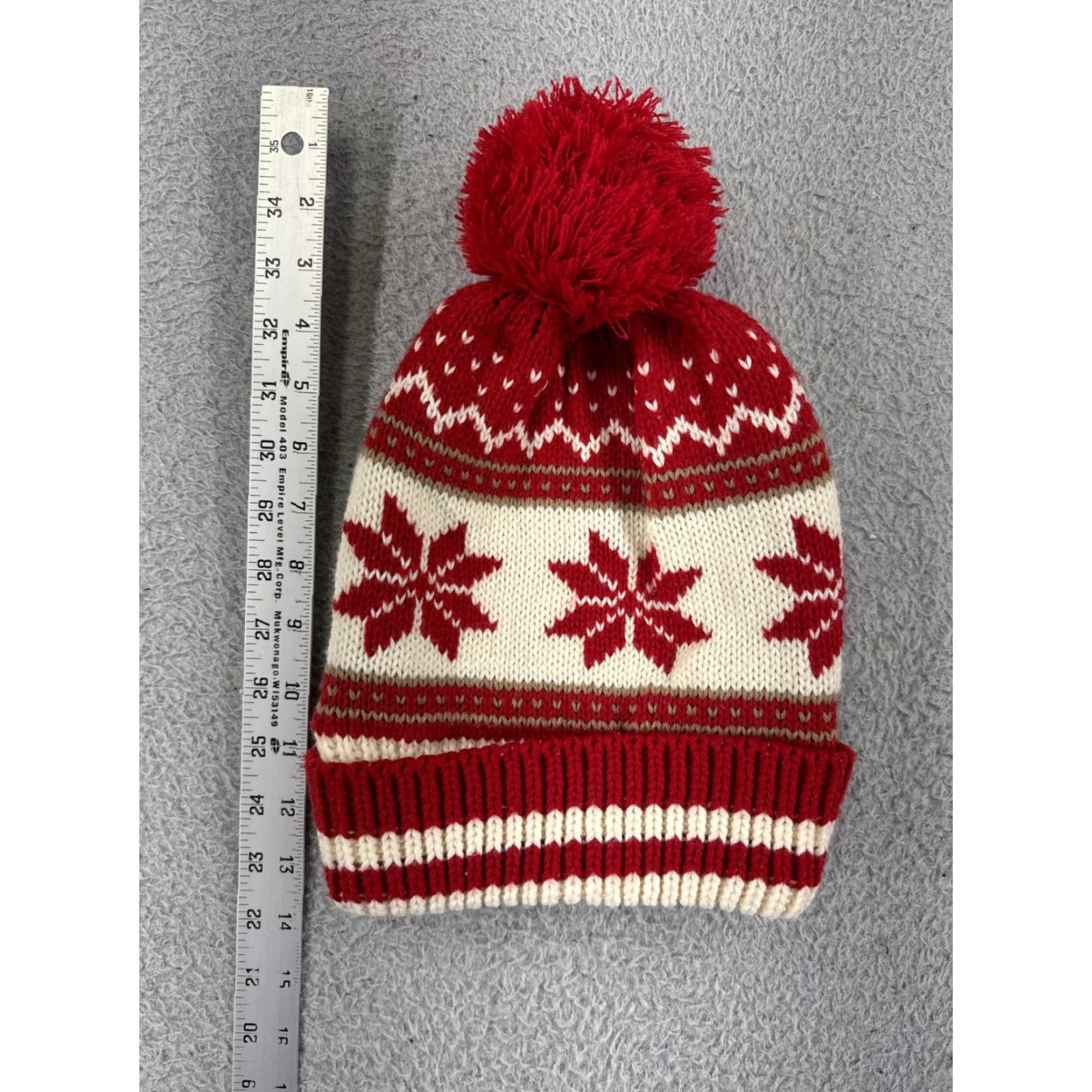 Vintage Womens Floral Beanie Toque One Size Cream Red Knit Winter Pom 100% Acrylic Size ONE SIZE - 2 Thumbnail