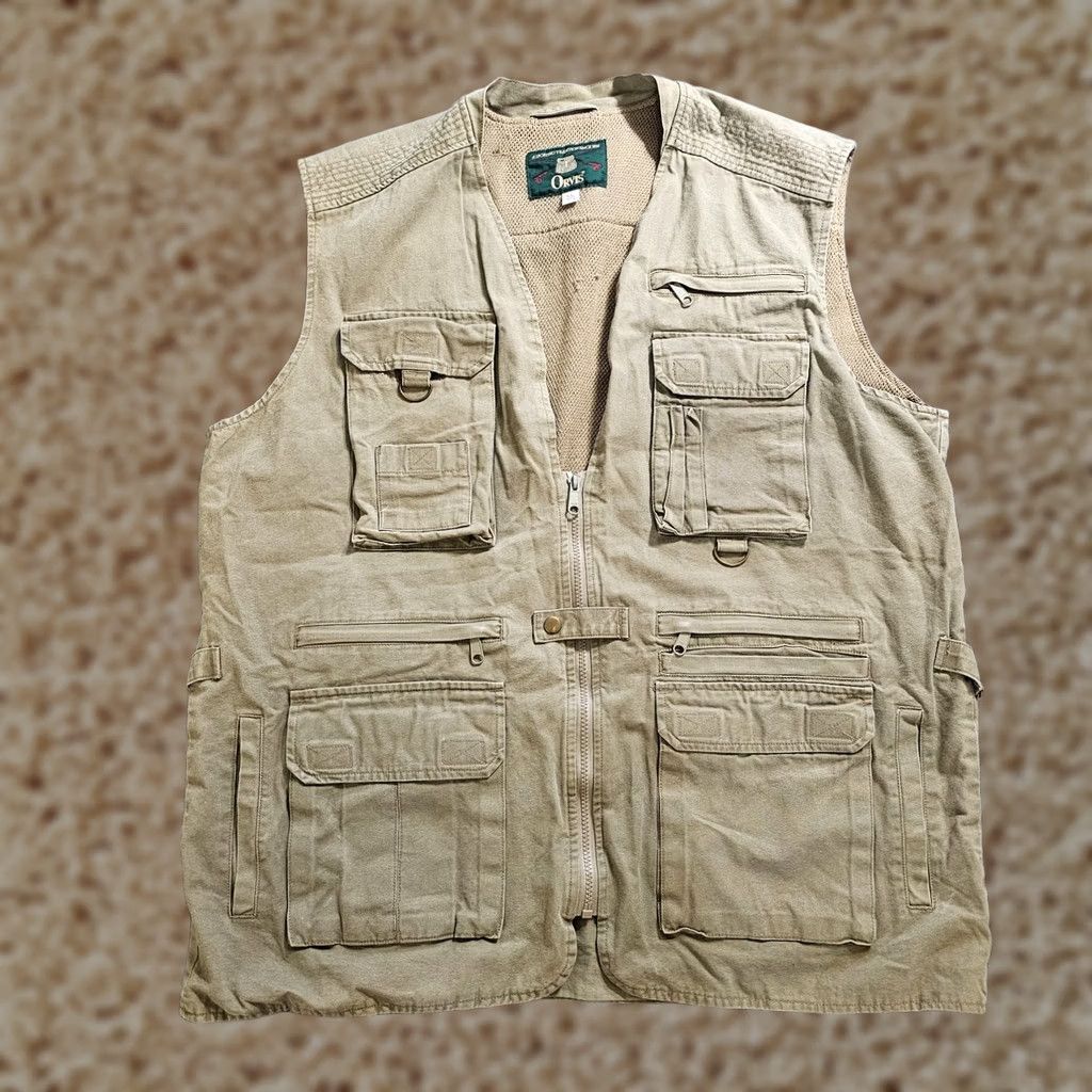 Orvis VINTAGE Orvis Vest Mens XL Beige Canvas Fishing Pockets Zip V Neck Photography Size US XL / EU 56 / 4 - 1 Thumbnail