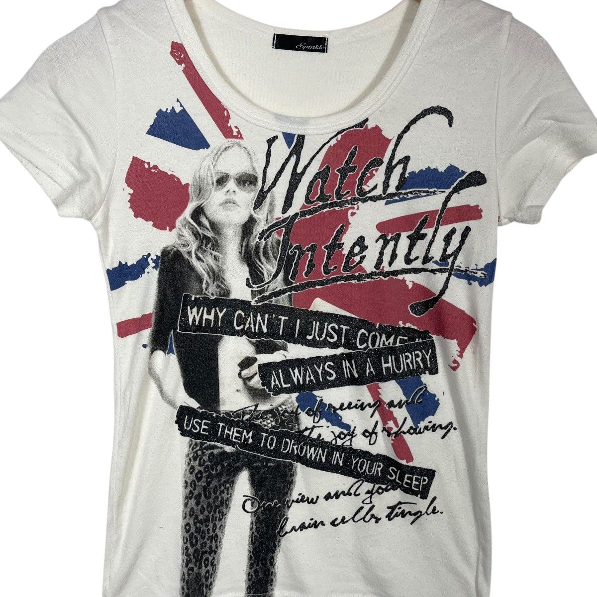 Vintage Spinkle Union Jack Graphic Baby Tee White Watch Intently Size M / US 6-8 / IT 42-44 - 5 Thumbnail