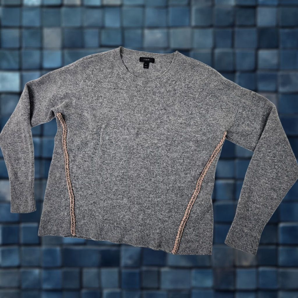 J.Crew J. Crew 100% Wool Pullover Crew Neck Sweater Women L Gray Pink Braid Rhinestone Shirt Adult L Gray Wool Crew Neck Rhinestone Size L / US 10 / IT 46 - 1 Thumbnail