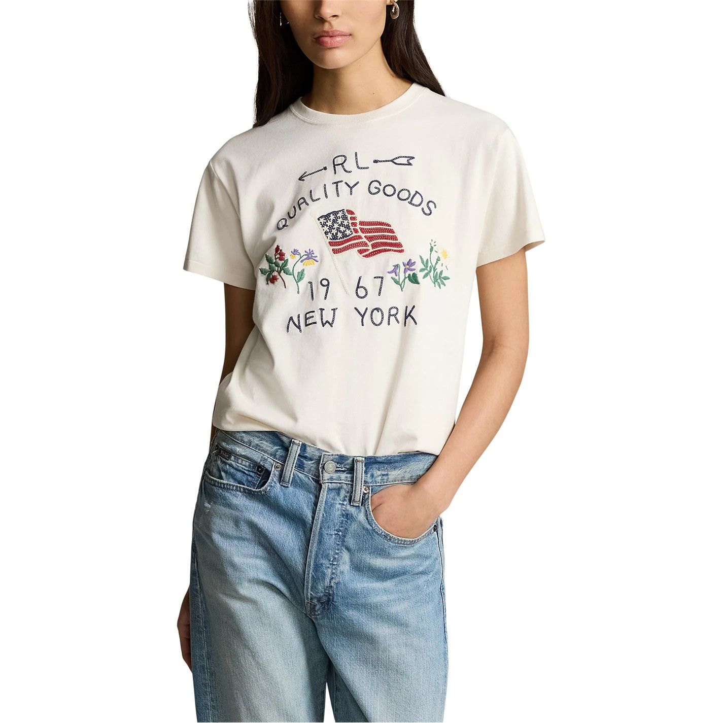 Polo Ralph Lauren o1g2r1mq0925 Embroidered Flag Cotton T-Shirt in Cream Size XS / US 0-2 / IT 36-38 - 2 Thumbnail
