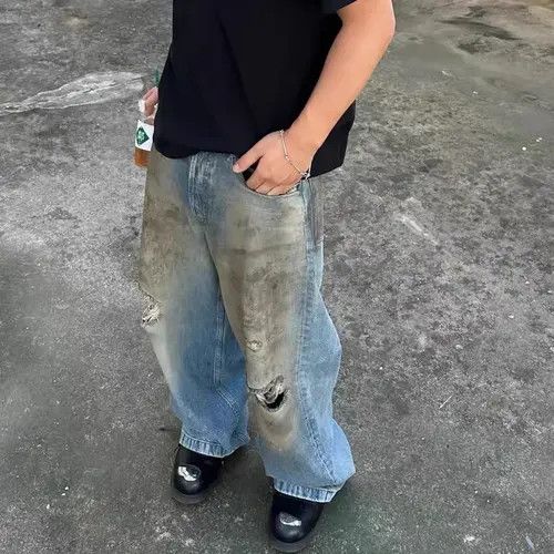 VIBE Mud Dyed Hole Baggy Jeans Hombre Frayed Ripped Trousers y2k Size US 32 / EU 48 - 3 Thumbnail