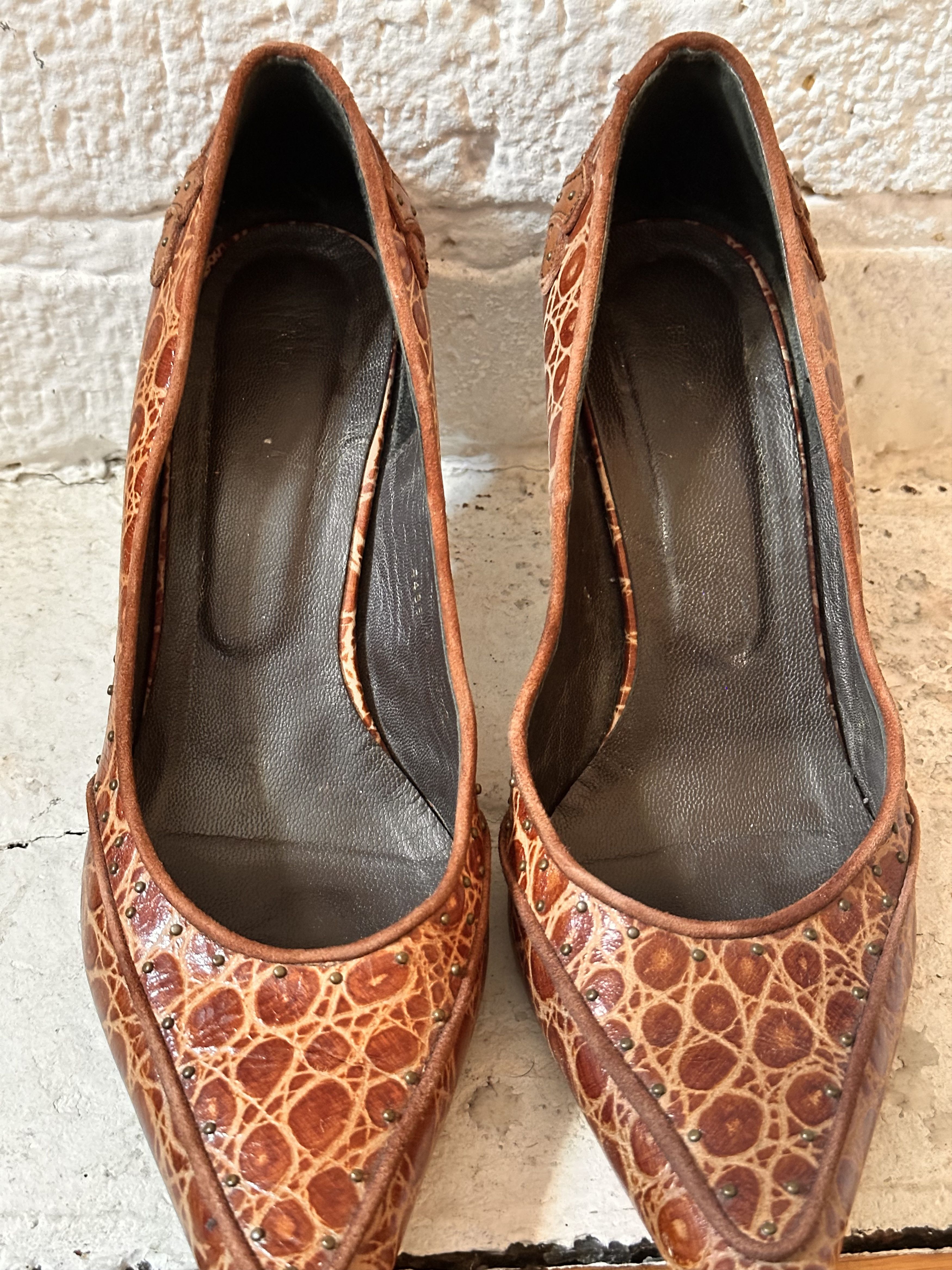 Leather VINTAGE Y2K DESIGNER BROWN LEATHER STUDDED HEELS_ 8US Size US 8 / IT 38 - 2 Thumbnail