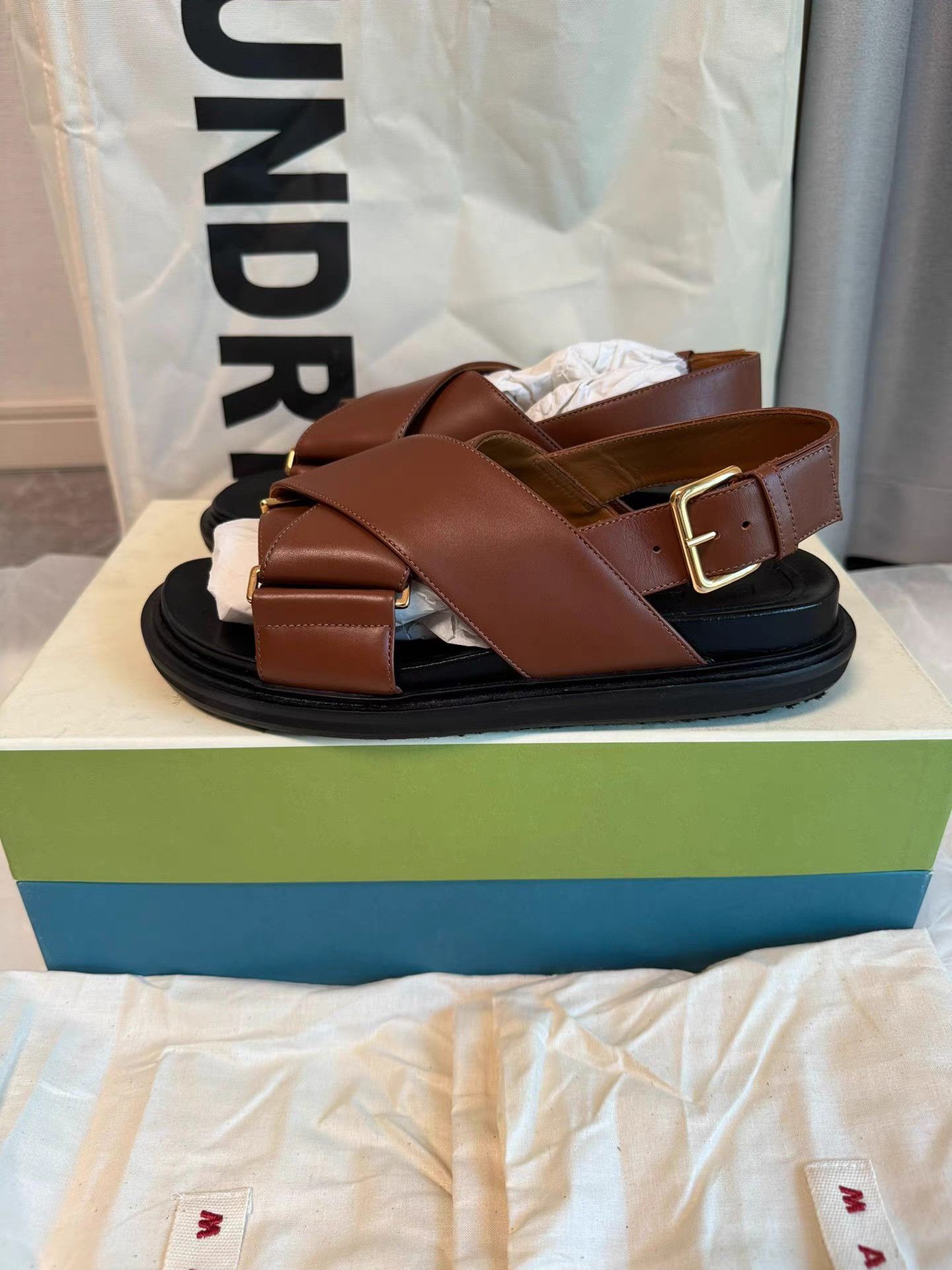 Marni Marni Fussbett New Brown Crisscross Strap Slide Sandals K6 Size US 6 / IT 36 - 1 Thumbnail