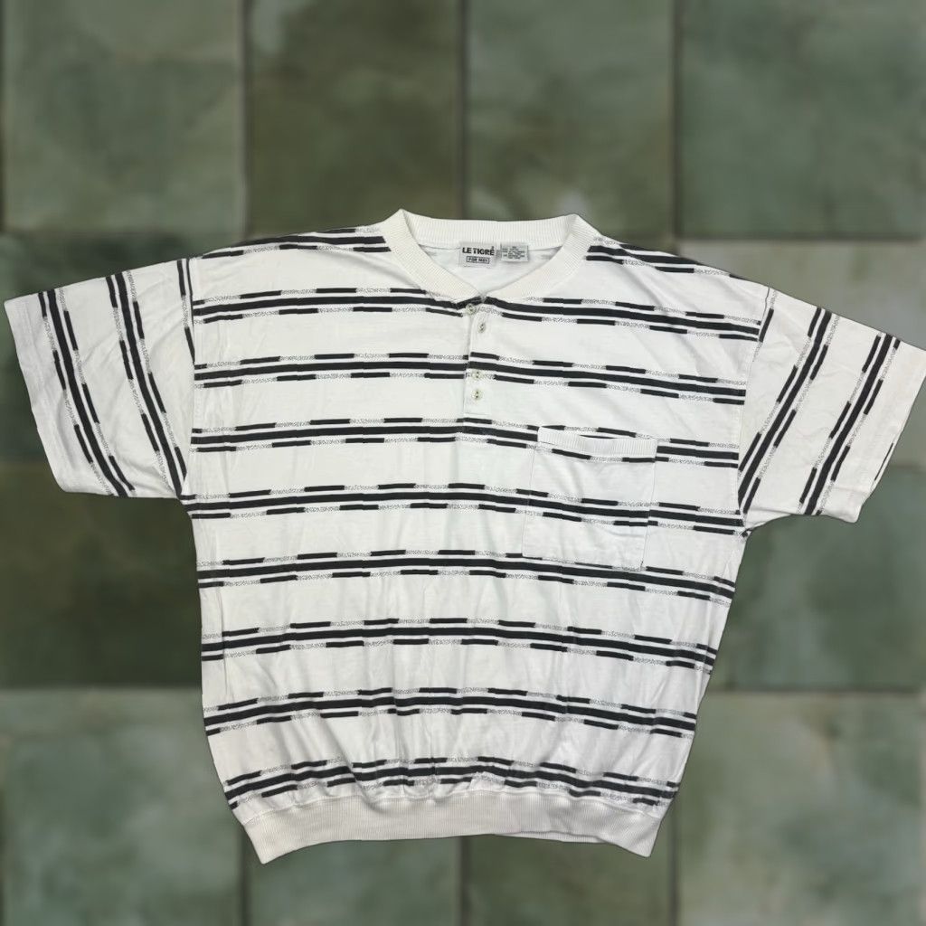 Vintage VINTAGE Le Tigre Shirt Adult XL Striped Henley Neck Short Sleeve White Cotton 80s Hipster Mens Size US XL / EU 56 / 4 - 1 Thumbnail