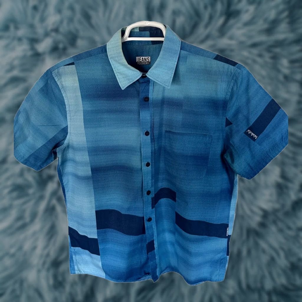 Vintage VINTAGE Iceberg Shirt Mens XL Blue Button-Up 90s Geometric Embroidered Spider Web Spellout Logo Hip Hop Size US XL / EU 56 / 4 - 1 Thumbnail
