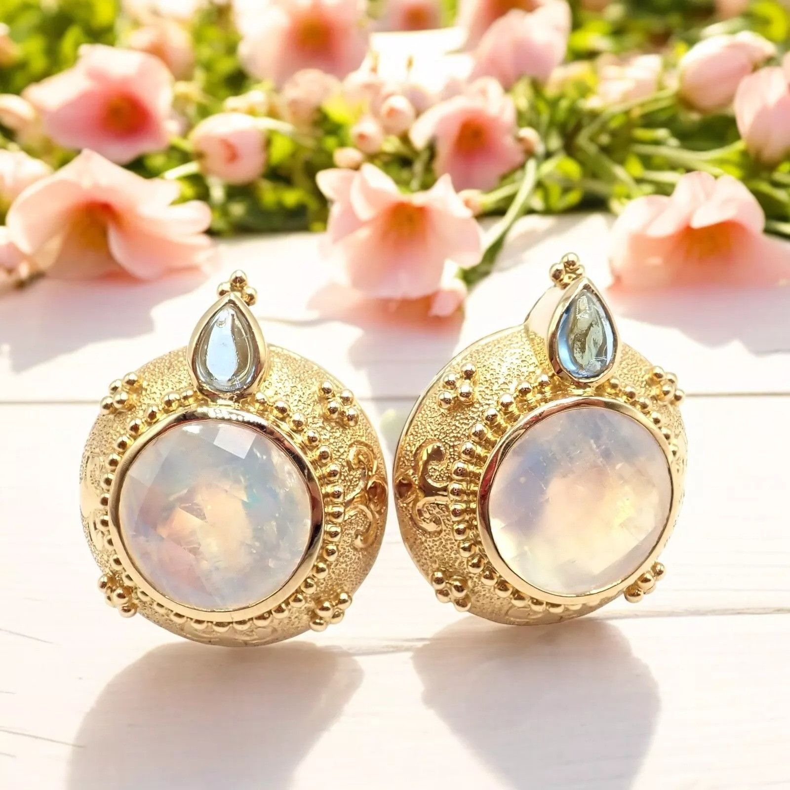 Vintage Paula Crevoshay Gold Aquamarine Moonstone Earrings OOAK Size ONE SIZE - 2 Thumbnail