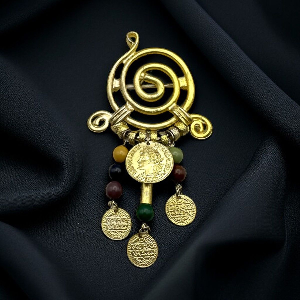 Vintage Vintage gold tone swirly brooch w/dangling beads and coins Size ONE SIZE - 1 Thumbnail