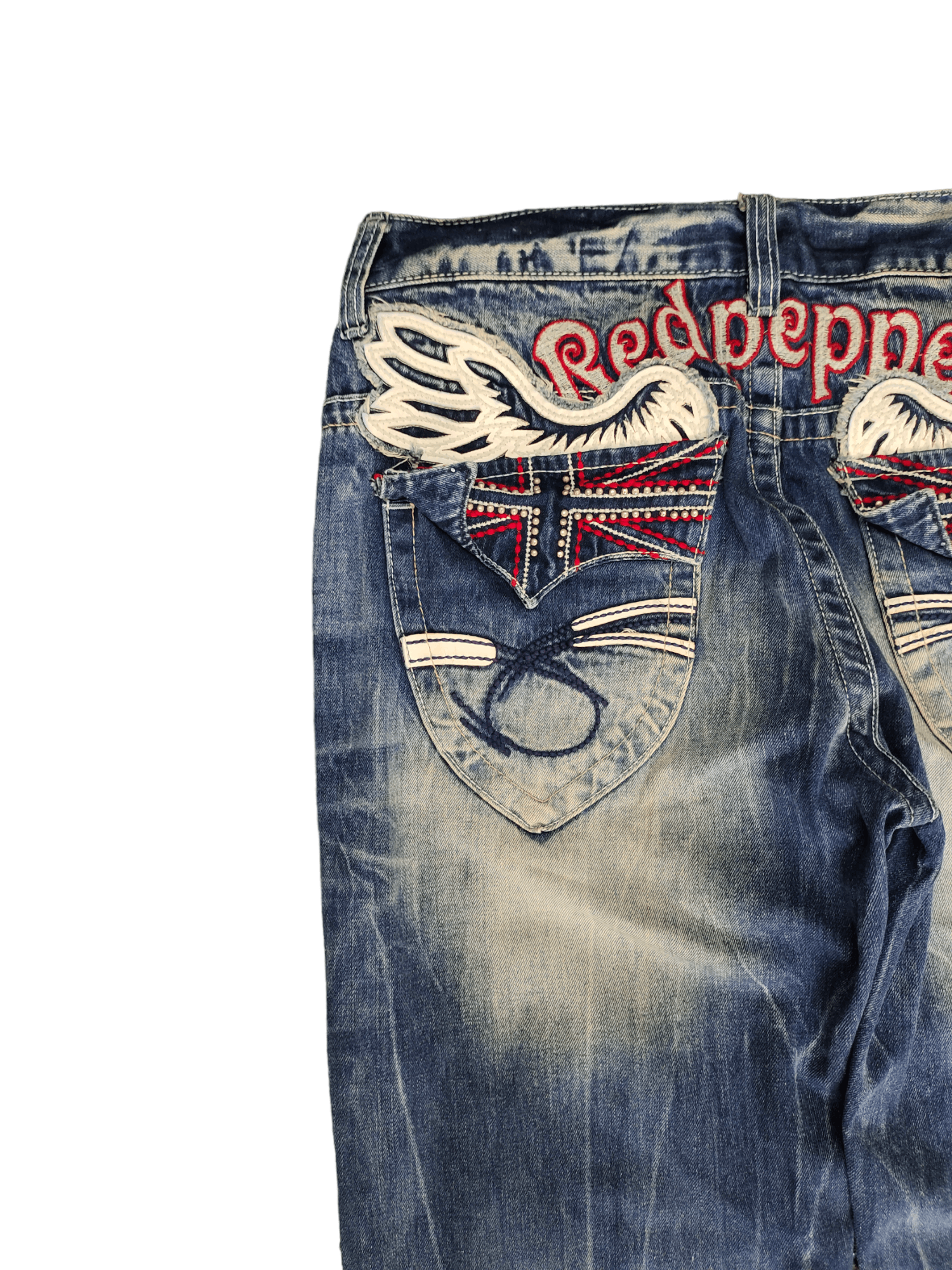 Vintage Red Pepper Wing & UK Flag Embroidered Denim Ed Hardy Y2k Size US 34 / EU 50 - 5 Thumbnail