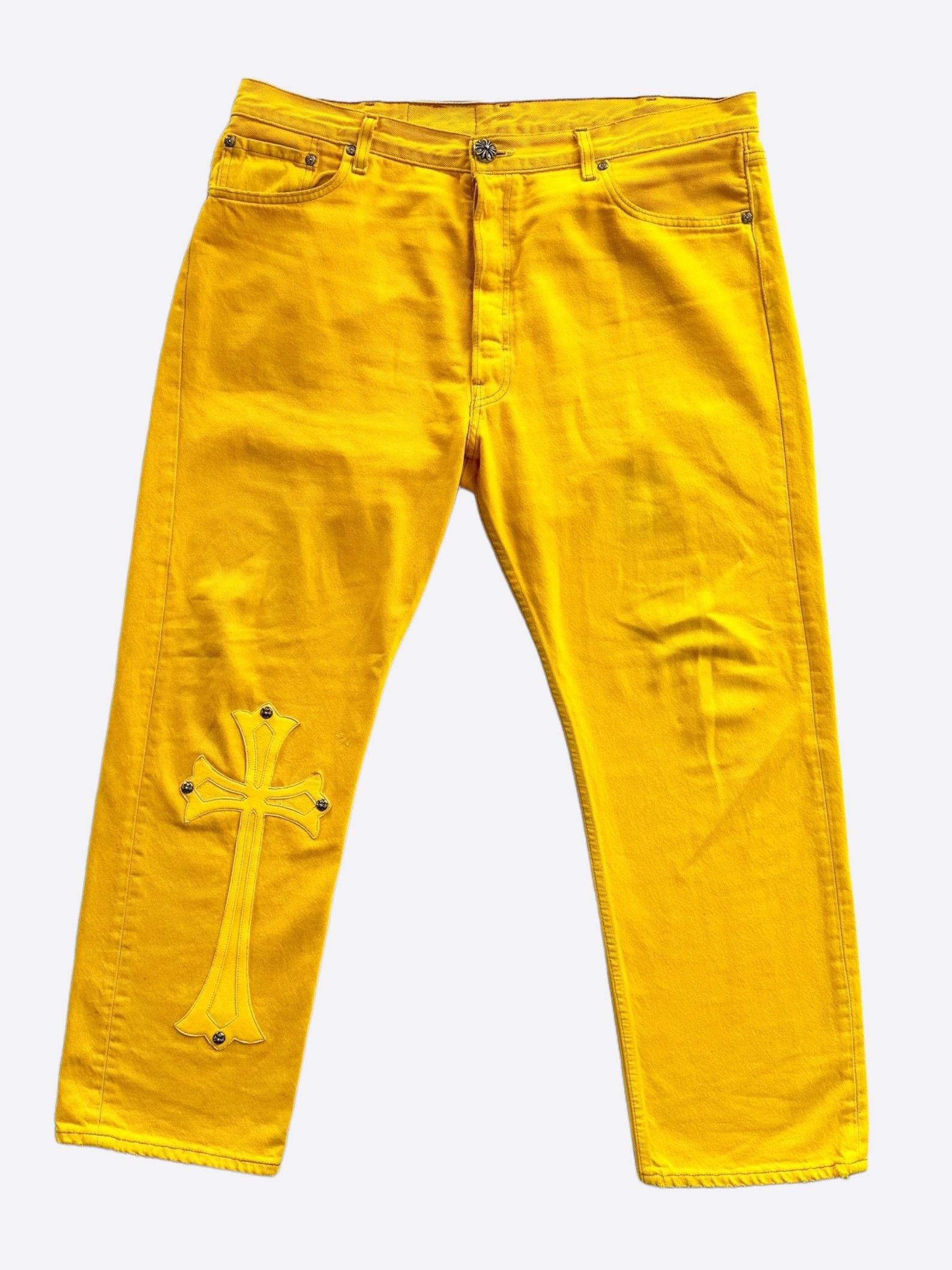 image of Chrome Hearts Yellow Large Cross Patch Jeans, Men's (Size 36)