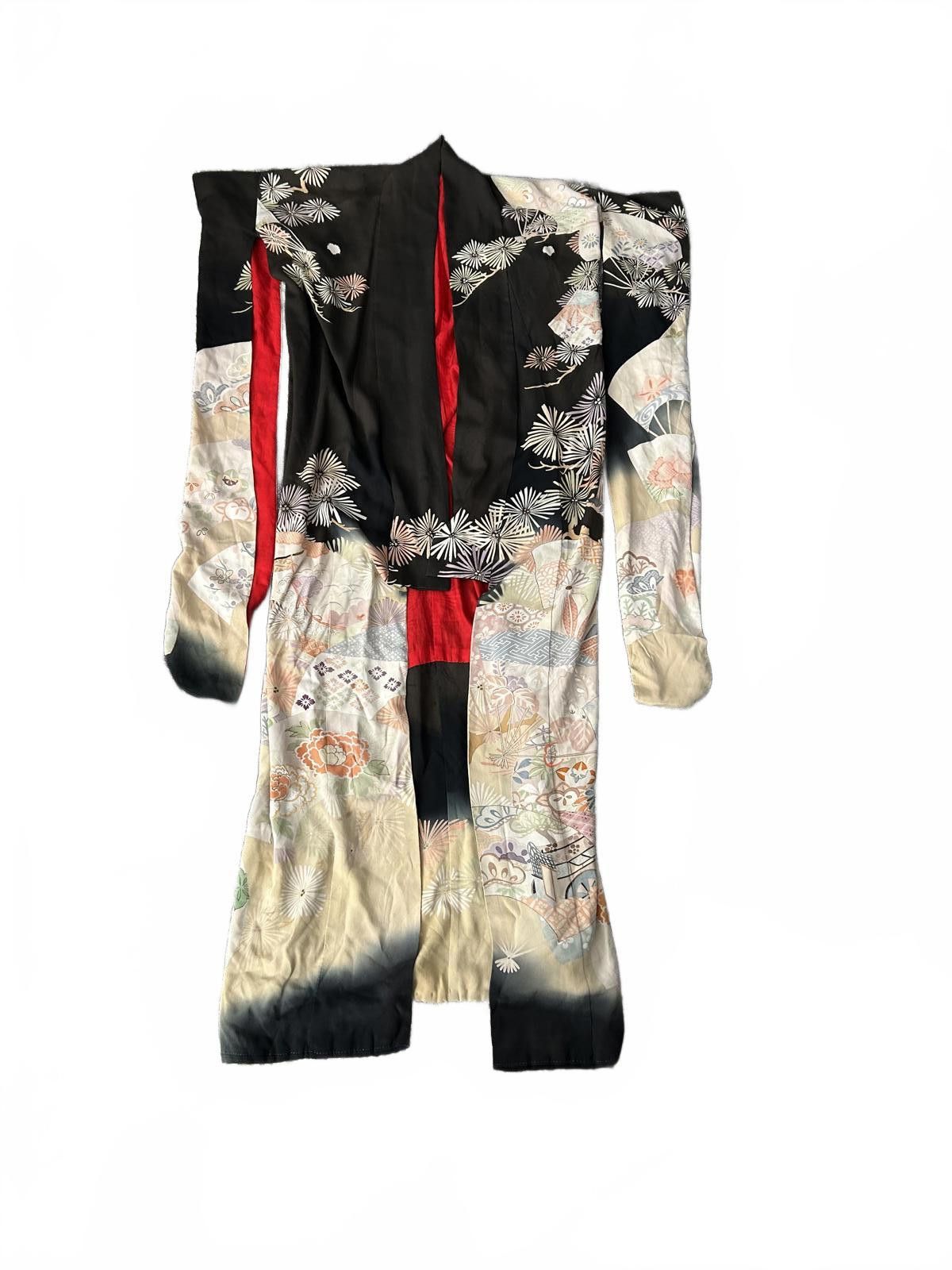 Unknown London Vintage 80s Silk Kimono w/ Fan & Floral Motifs + Red Lining Size ONE SIZE - 1 Thumbnail