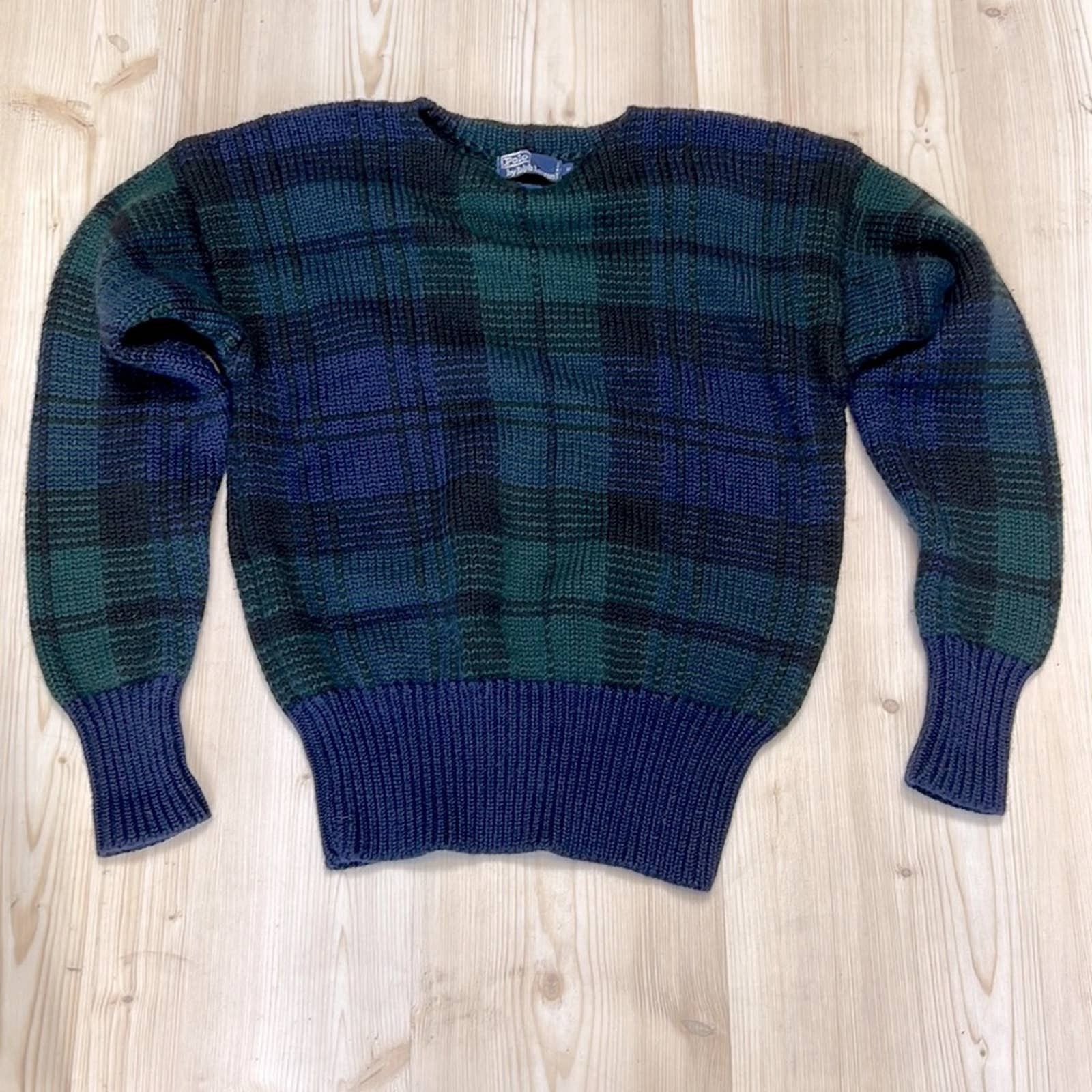 image of Polo Ralph Laurent 100% Wool Green Blue Plaid Sweater, Men's (Size Medium)