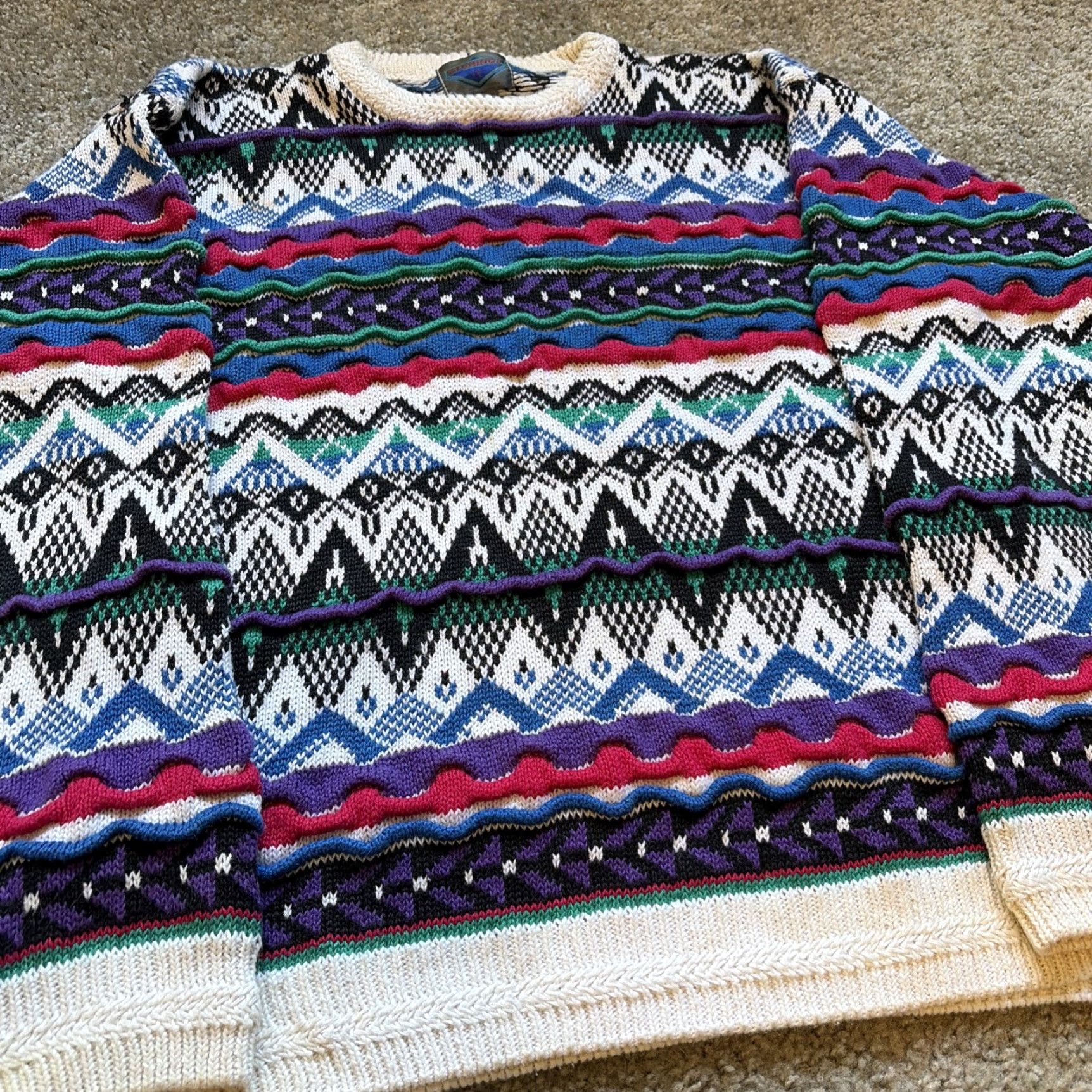VINTAGE 90s Etchings Coogi Style 3D Cable Knit Multicolor Ramie Cotton Sweater M Men Crew Neck Pullover 90s