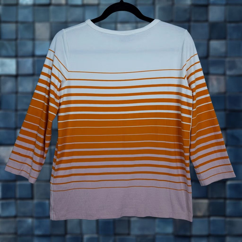 Bogner Bogner Women’s Orange White Stripe 3/4 Sleeve T-Shirt Size 8 Regular Cotton Blend Woman Shirt Slim? No — keep as is Size M / US 6-8 / IT 42-44 - 1 Thumbnail