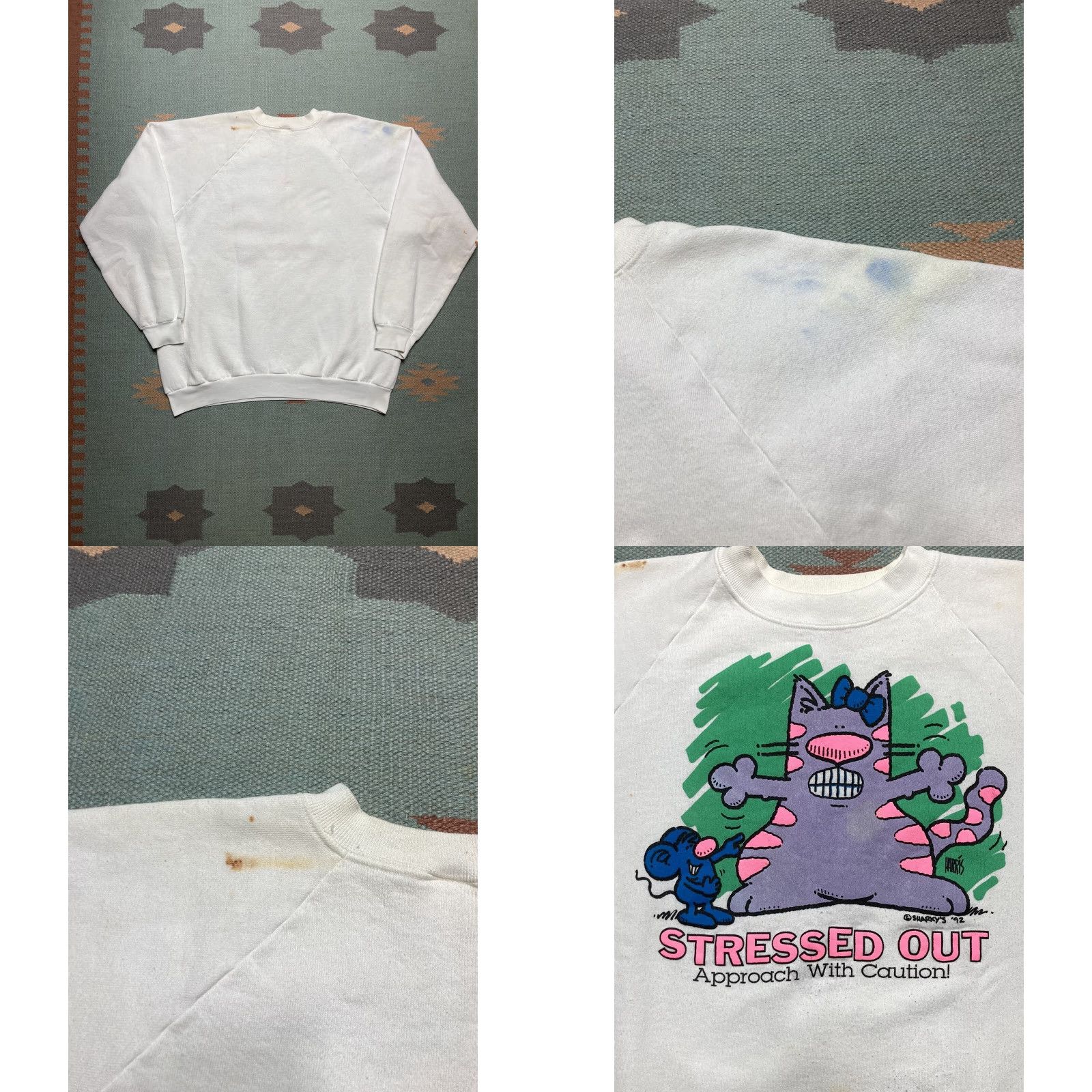 Vintage VINTAGE 90s Sweatshirt Crewneck Busy Cat Mouse Stressed Out Approach With Caution XL White Mens Pullover Size US XL / EU 56 / 4 - 8 Thumbnail