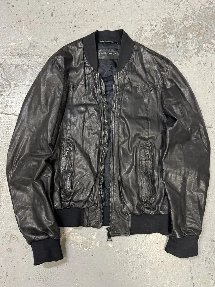 Designer × Dolce & Gabbana × Vintage 2000s Dolce & Gabbana Black Leather Bomber Jacket Size US M / EU 48-50 / 2 - 5 Thumbnail