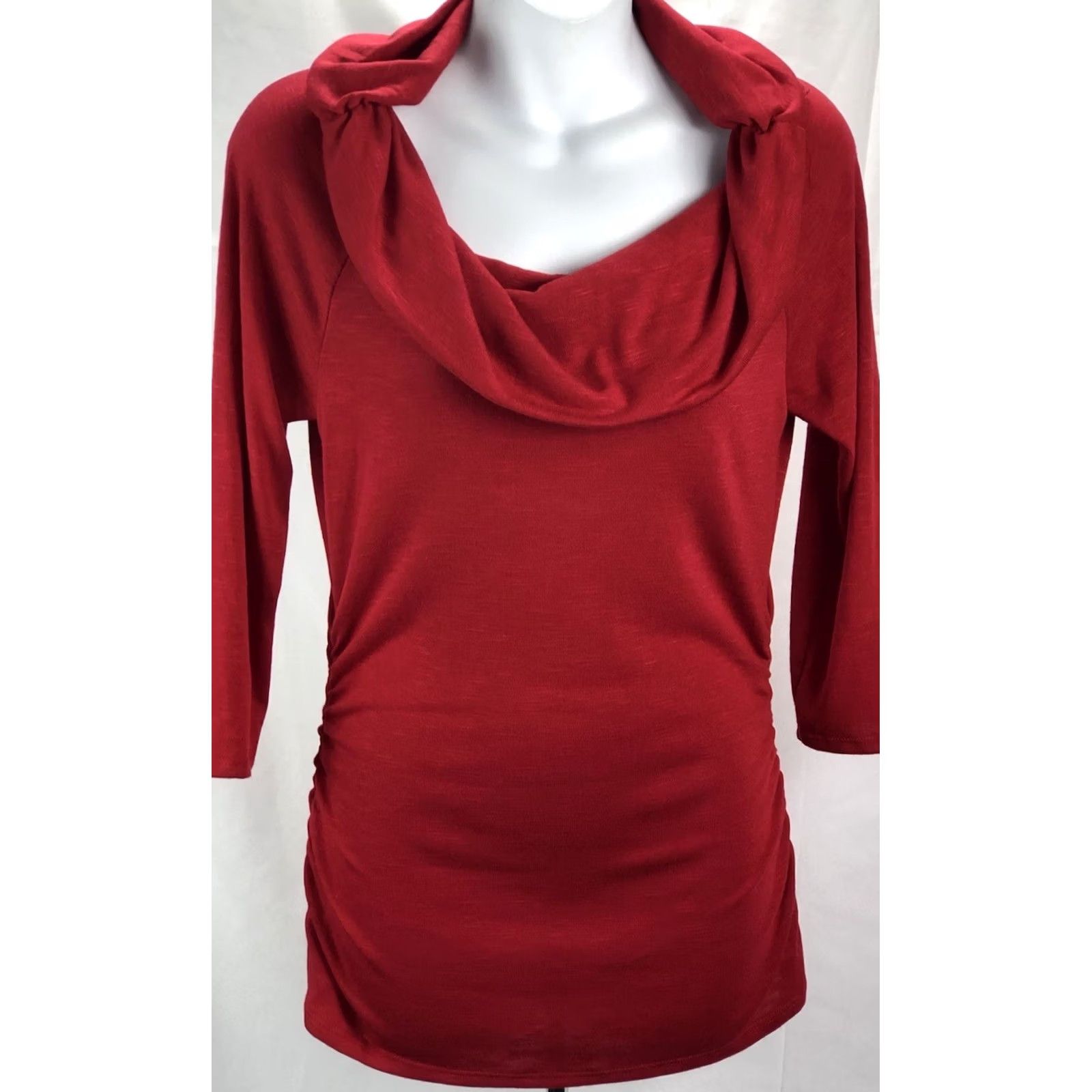 B Sides A BYER Knit Long Tunic L Jrs Red Cowl Neck 3/4 Sleeves Ruched Sides - Sweater, Holiday, Office, Colorful, Casual, Career, Romantic, Classic Womens Size L / US 10 / IT 46 - 6 Thumbnail