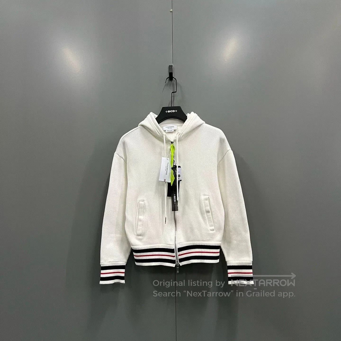 thom browne white striped zip-up hoodie.