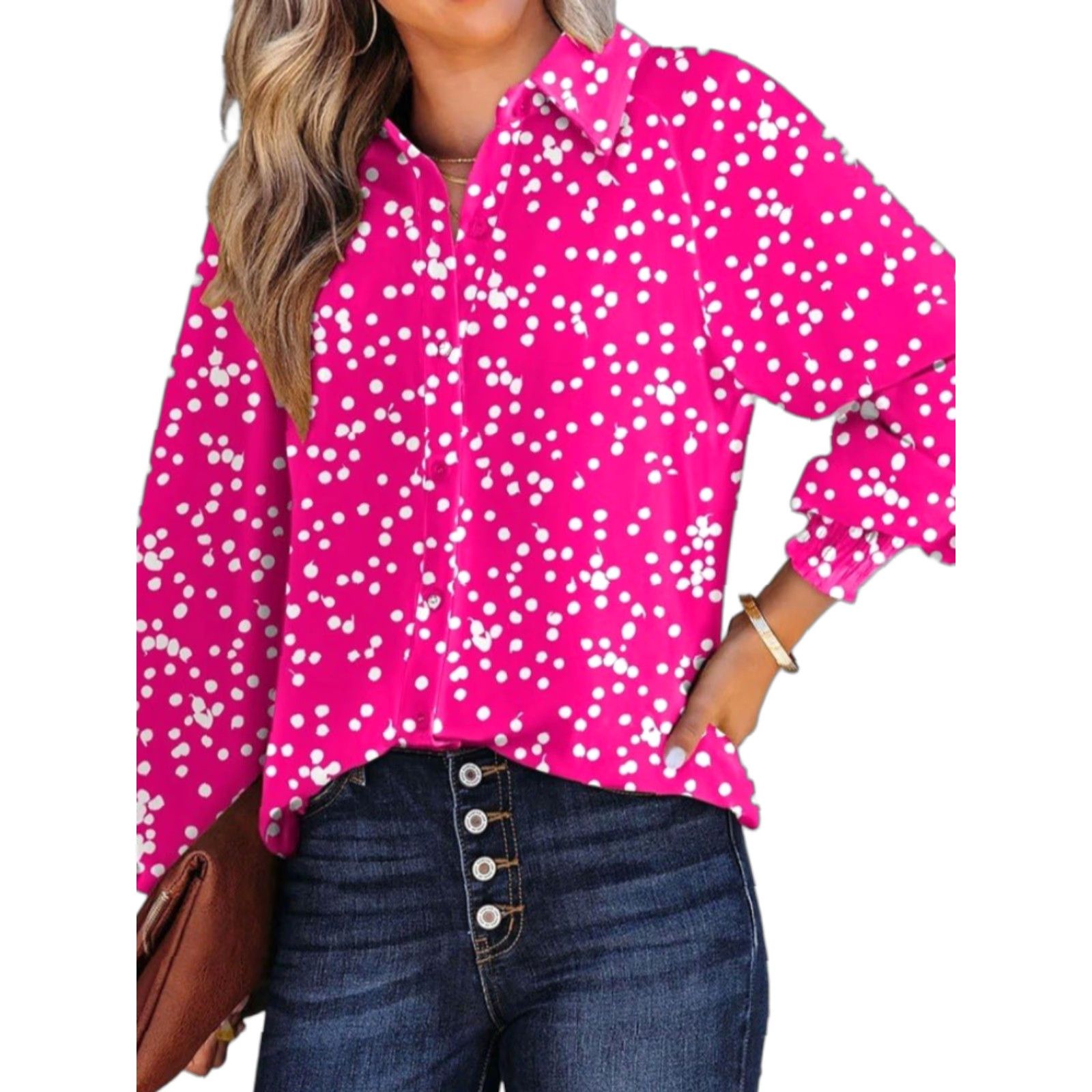 Vintage DOKOTOO Blouse - Womens Casual V Neck Long Sleeve Button Down - Pink - Size L - Polyester - Easy Care - Ruffle - Regular Fit Size L / US 10 / IT 46 - 1 Thumbnail