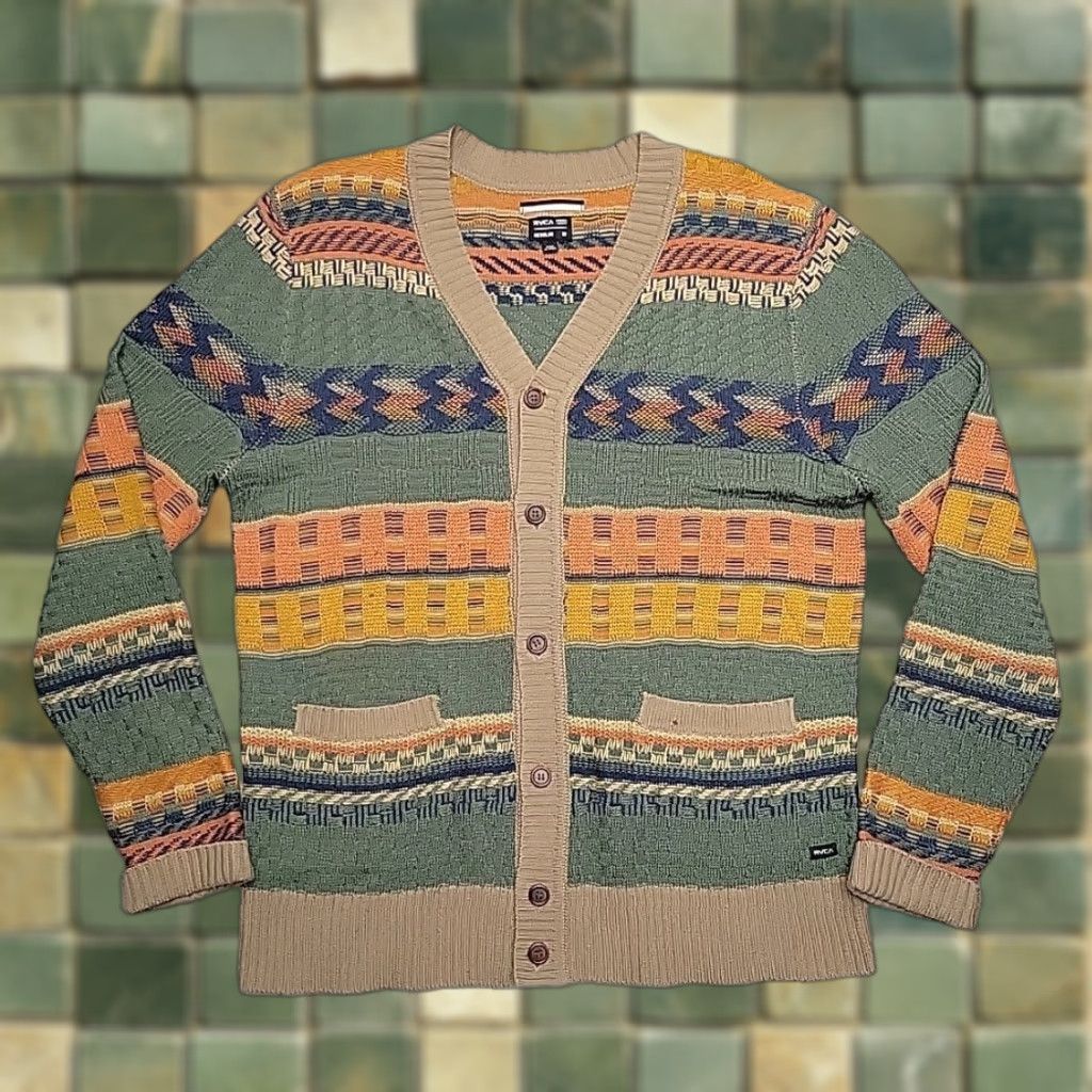 RVCA RVCA Cardigan Sweater Mens Medium Green Geometric 3D Knit Ribbed V-neck Button Size US M / EU 48-50 / 2 - 1 Thumbnail