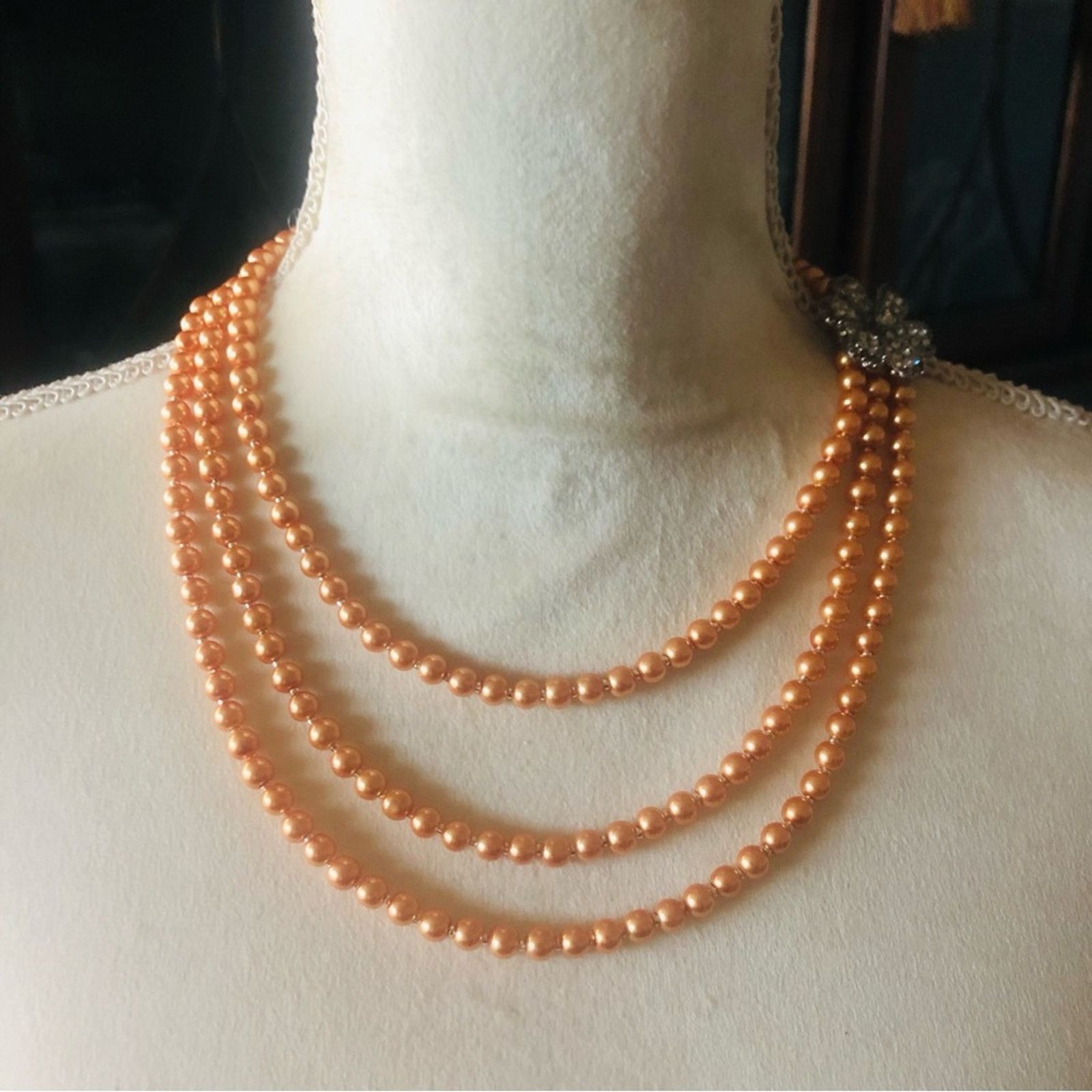 Handmade Handcrafted triple strand golden peach pearl necklac Size ONE SIZE - 4 Thumbnail