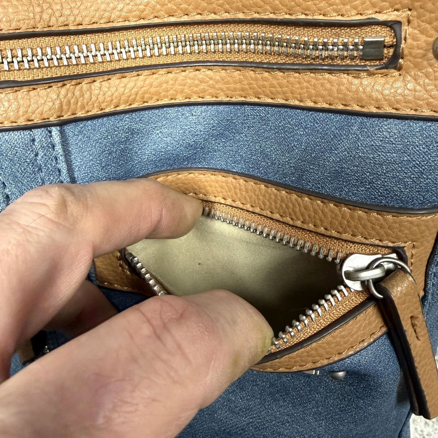 Vintage Rosetti Crossbody Bag Medium Blue Faux Leather Solid 10x23 Zipper Exterior Pockets Beige Lining Brown Strap Womens Casual Everyday Bag Size ONE SIZE - 6 Thumbnail