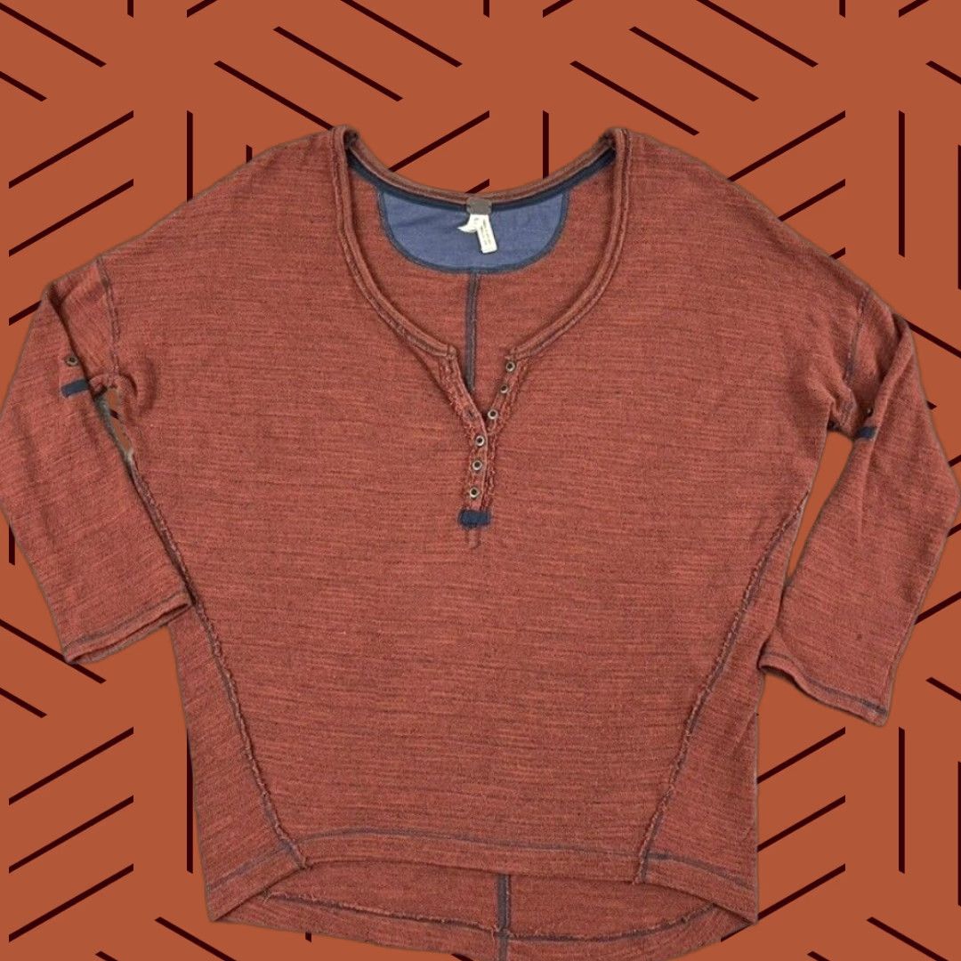 Free People FREE PEOPLE Top Womens PS Small Beach Haven Rusty Red Henley Tee Cotton Roll Tab Shirt Petite Womens Mens? Size S / US 4 / IT 40 - 1 Thumbnail