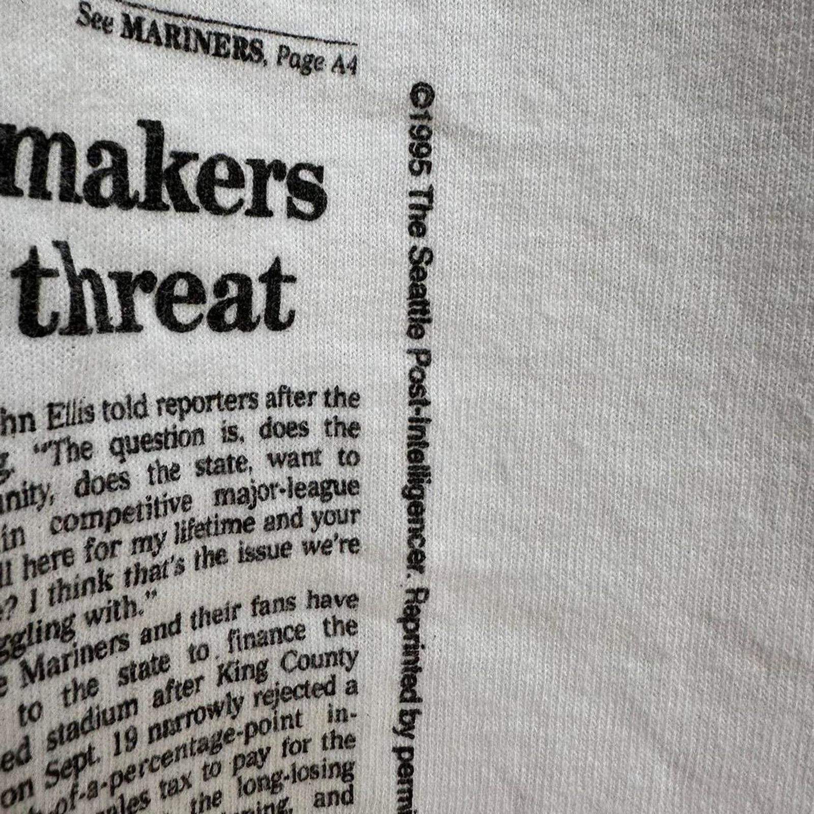 MLB × Tultex × Vintage Vintage 1995 Seattle Mariners Newspaper Shirt Size US XL / EU 56 / 4 - 3 Thumbnail