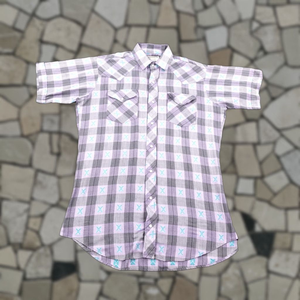 Vintage VINTAGE Ruddock Western Shirt Mens Large Purple Plaid Pearl Snap Short Sleeve Embroidered Pocket Cowboys Aztec 90s Cotton Blend Button-Up Casual Men's Size US L / EU 52-54 / 3 - 1 Thumbnail