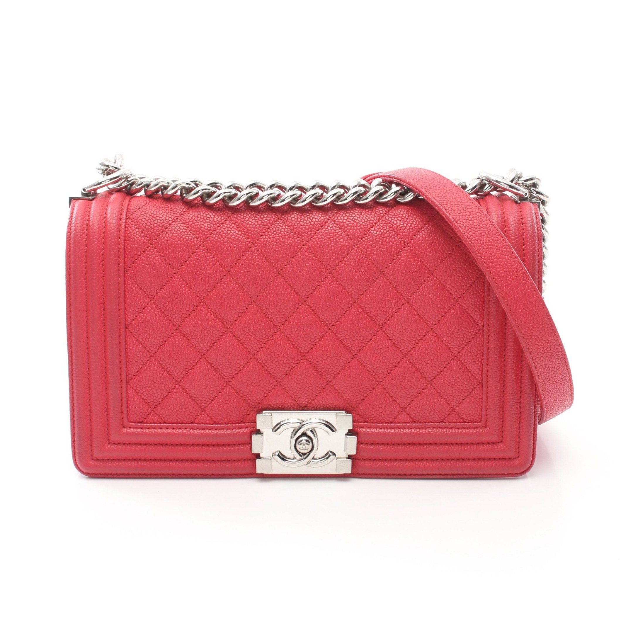 Chanel Boy Chanel Chain Shoulder Bag Caviar Skin Pink Red Silver Hardware, Women's