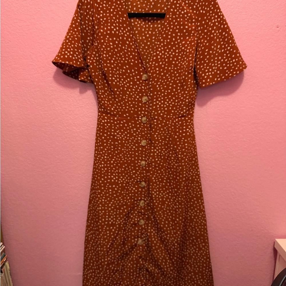 Designer Chic Brown Orange Polka Dot Midi Dress Size S / US 4 / IT 40 - 1 Thumbnail
