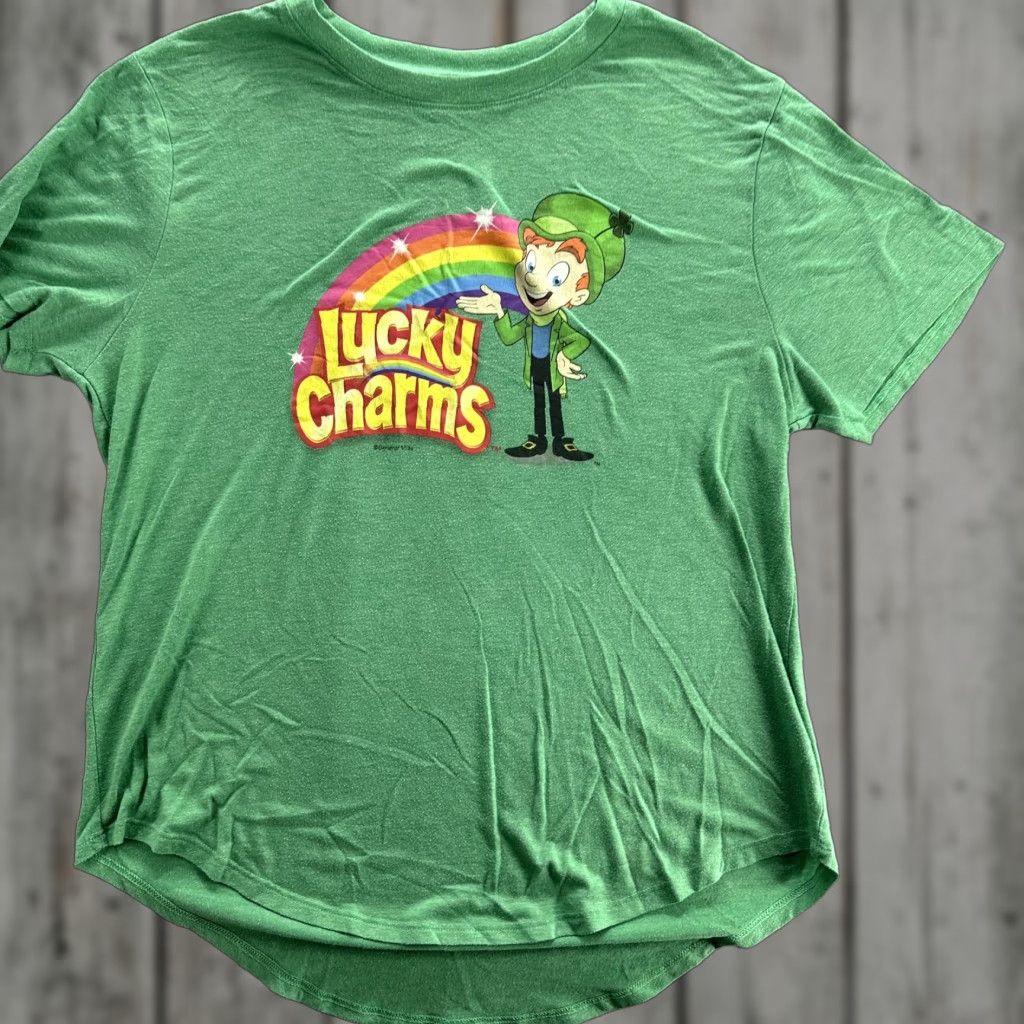 Rainbow Lucky Charms Shirt Mens XL Green Cereal Graphic Tee Crewneck Rainbow Cartoon Tee Shirts Size US XL / EU 56 / 4 - 1 Thumbnail
