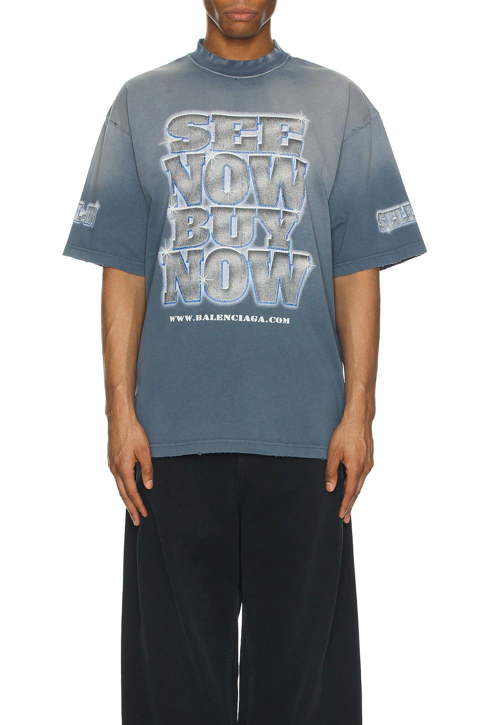 Balenciaga Washed Blue Distressed SNBN Logo Oversized T-Shirt Size L / US 10 / IT 46 - 5 Thumbnail