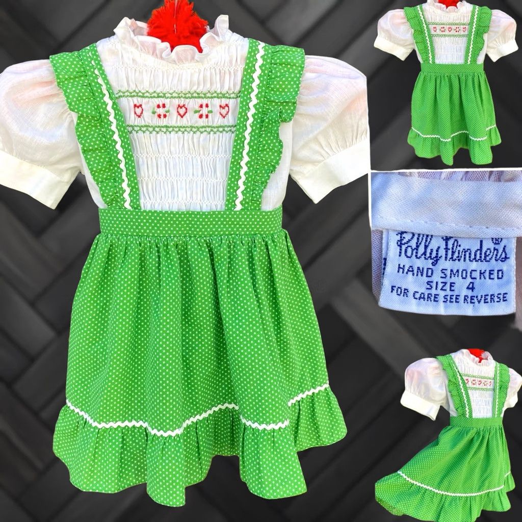 Vintage VINTAGE Polly Flinders Hand Smocked Dress Green Polka Dot Girls Size 4 70s 80s Size ONE SIZE - 1 Thumbnail