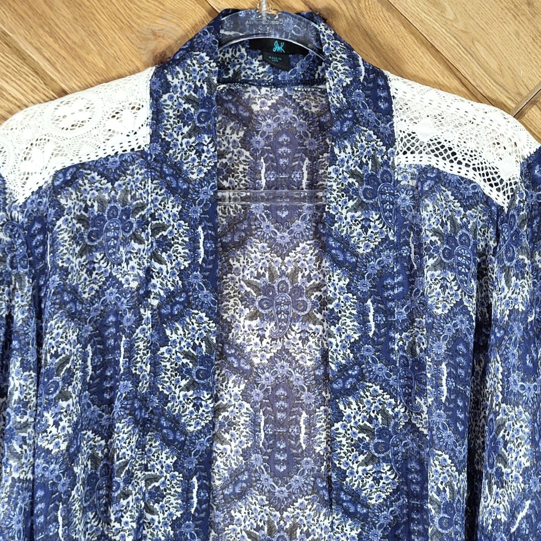 Vintage Skyline Bohemian Kimono Cardigan Women L Paisley Lace Crochet Sheer Blue White Chiffon Polyester Size L / US 10 / IT 46 - 3 Thumbnail