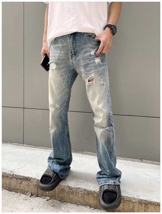 Vintage faded damaged ripped flared jeans | Grailed