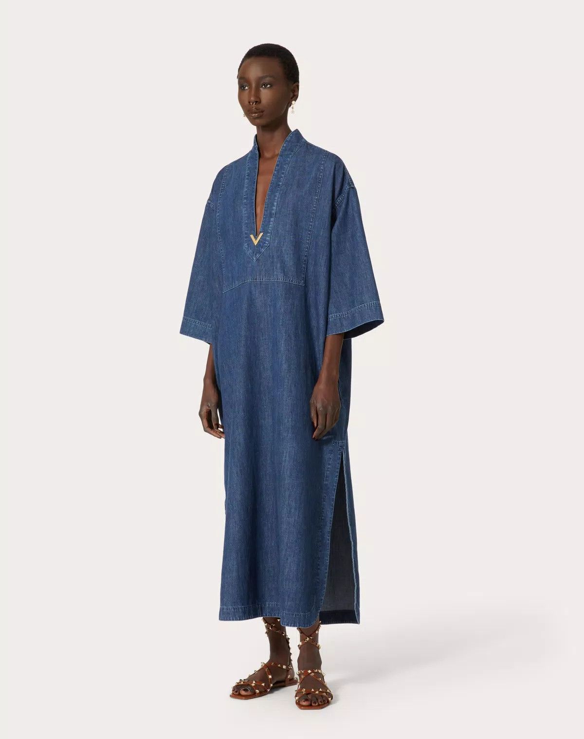 Valentino o1s1wg110625 Chambray Denim Kaftan in Medium Blue Size L / US 10 / IT 46 - 4 Thumbnail