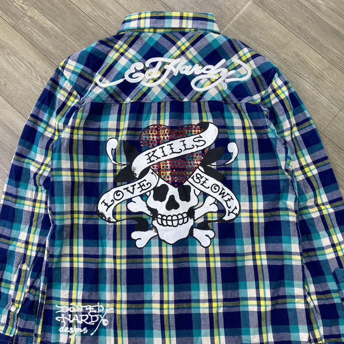 Ed Hardy Vintage Ed Hardy Skulls Tattoo Embroidery Plaid Shirt Y2K Size US M / EU 48-50 / 2 - 2 Thumbnail