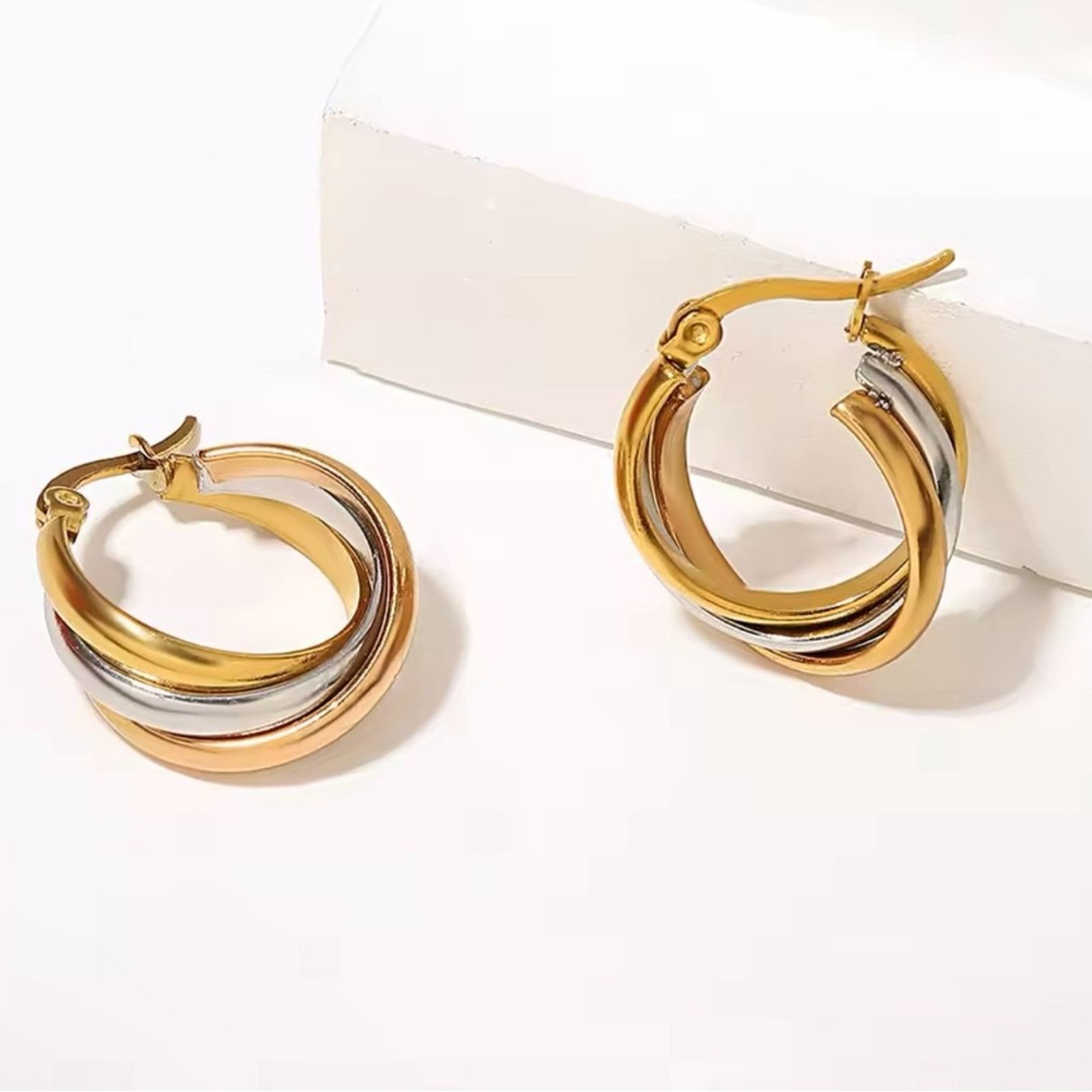 Other Stainless Steel Twisted Tricolor Hoop Earrings for Women Size ONE SIZE - 2 Thumbnail