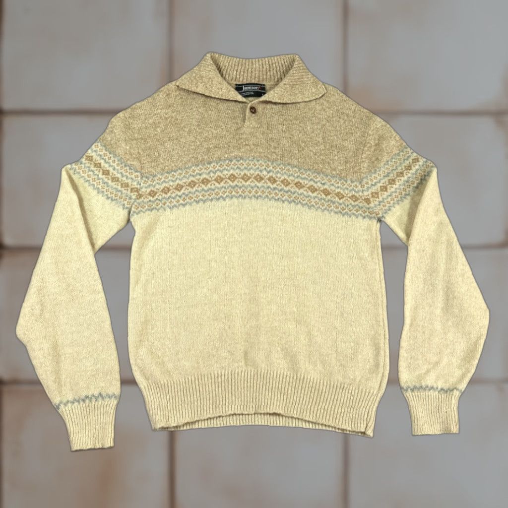 Jantzen VINTAGE Jantzen Sweater Knit Fair Isle Mock Neck Mens Adult MEDIUM Brown Cream 70s Pullover Long Sleeve Buttons Size US M / EU 48-50 / 2 - 1 Thumbnail