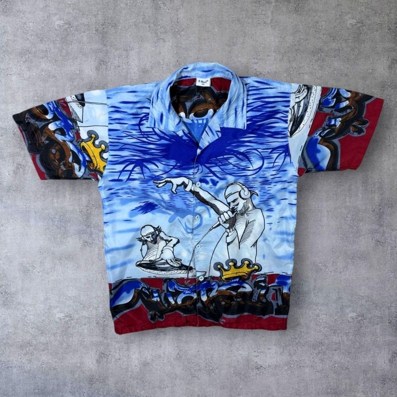 Vintage X-Mail Hip Hop Y2K Graffiti DJ Patterned Blue Short Sleeve Shirt XS S Shirt Mens XS/S Blue Hip Hop 90s Y2K Size US S / EU 44-46 / 1 - 2 Thumbnail