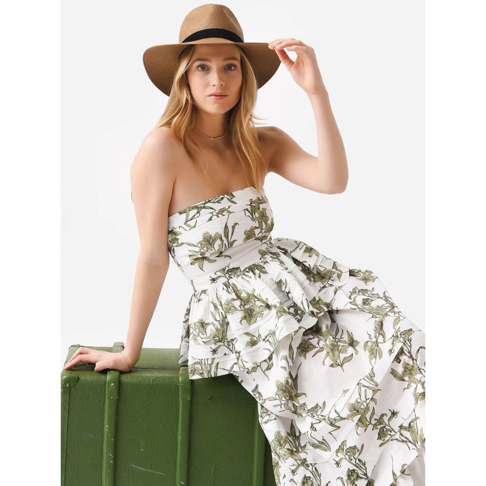 Hunter Bell Vera Strapless Peplum Top Green White Floral 6